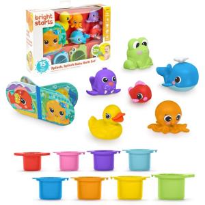 imageBright Starts KaledioCubes 9pk Stack ampamp Squeeze Blocks Baby Bath Toys  Play ampamp Learn with Colors Numbers ampamp Shapes Ages 3 Months MulticolorSplash  Splash